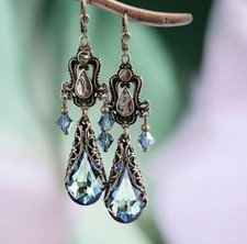 Chandelier Vintage Style Blue Crystals Drop Dangle Earrings Retro Victorian Gift