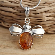 Natural Baltic Amber 925 Sterling Silver Bumble Bee Pendant Necklace Chain Boxed