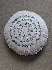 Handmade Round Cushion, Ecru Vintage Doily on Teal satin 36cm diameter