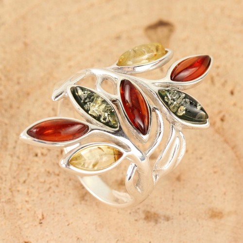 Baltic amber leaves ring 925 - leaves,