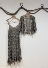Ann Balon 2 Pc Antique Lace Dress & Bolero Jacket Set in Taupe Grey Size L MOB