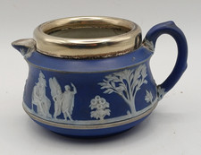 Wedgwood Blue Jasper Ware Pottery Antique Victorian Milk Cream Jug Silver Plate