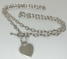 Vintage Sterling Silver T-Bar Clasp Love Heart Charm Belcher Chain 17" Necklace