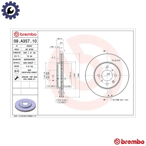 Brake disc a357 10 for - brake, 09.a357.10