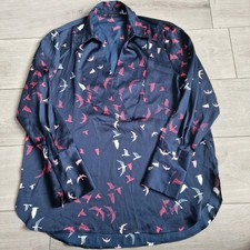 M&S Collection Navy Bird Print Blouse Size 14 Button Sleeve Detail Excellent