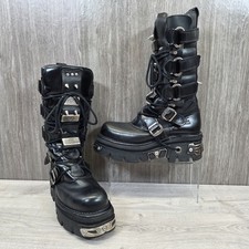 New Rock Reactor UK 11 EU 45 Spiked Studs Knee High Black Leather Chunky Boots 