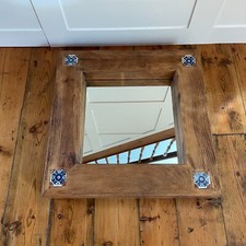 Chunky Moroccan Mirror Square Wood Frame Embedded Blue Tiles Wall Hanging Aged
