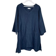Box2 Linen Tunic Dress Top Size UK22-24 Indigo Blue Kaftan Utility Art Lagenlook