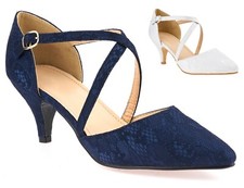 LADIES LACE LOW HEEL POINTED TOE STRAPPY CROSS STRAP BRIDAL WEDDING COURT SHOES 