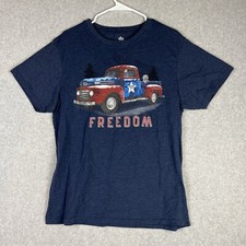 Patriotic Men’s L TShirt Blue Pickup Truck With Dog Short Sleeves Freedom Star