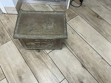 Vintage Log Box Embossed Brass Sailing Ships Galleys C 1950 18x12x12.5”