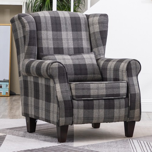 High wing back armchair tartan - back,