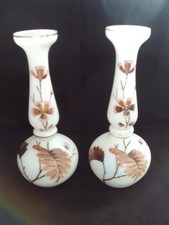 LOVELY PAIR OF VICTORIAN HAND BLOWN WHITE OPAQUE GLASS VASES WITH PAINTED DESIGN