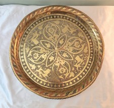 Vintage 15 In Large Decorative Brass Tray Etched Design Eastern Moroccan