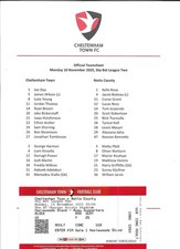 2025/26 Cheltenham Town v Notts County League Two Teamsheet & Ticket 10/11/25