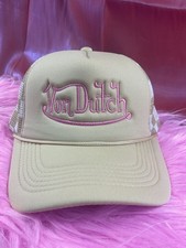 VonDutch Trucker Style Cap In Beige/Pink Embroidered Domino Mesh OSFM [BrandNew]