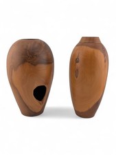 Two Decorative Turned Yew Wood Vases, Tallest H15cm