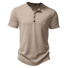 Mens Summer Solid Button V Neck T Shirts Henley Casual Short Sleeve Slim Tops