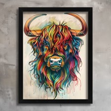 Colourful Highland Cow Animal Wall Art Print Poster Art Print Cow Picture Home