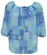 Womens Blue Georgette Kaftan Tunic Top Neck Ties Elastic Cuffs Ladies