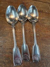 Antique Serving Spoons Fiddle Thread & Shell Silver Plate James Dixon 9”