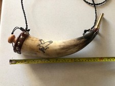 Handmade Powder Horn Flask Leather, Horn, Brass, Engraved, Great condition