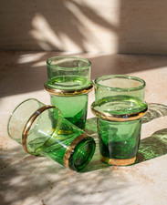 Moroccan Tea Glasses Set of 6 , Green Beldi Tea Glasses with Gold Accent