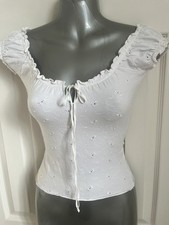 Y2K Jane Norman Vintage White Broderie Anglaise Gypsy Milkmaid Wench Top 8 6 