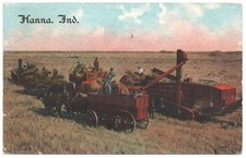 HANNA IN/INDIANA Postcard THRESHING WHEAT Horse Drawn Wagon, to GRUNDY CENTER IA