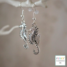Seahorse Earrings, funky unusual silver seahorse jewellery drop earrings