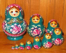 SLIGHT SECONDS BLUE Matryoshka pink flowers Russian nesting dolls 10 NIKITINA 