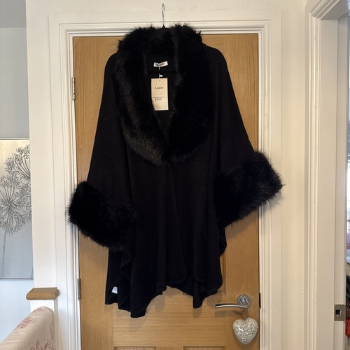 Faux fur collar knit cape - fur,