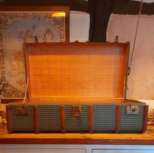 Huge Antique Bentwoood Steamer Trunk Green & Black Gingham Storage Trunk Vintage