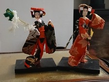 A Pair of Vintage Handmade Japanese Miniature Traditional Geisha Dolls on stands