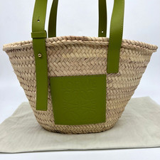 Loewe Wicker Medium Basket Tote Bag with Green Leather Trim