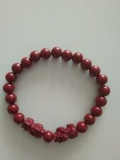 Natural 8mm Red Cinnabar Beads & Twin Pixiu Charm stretchy bracelet 7-7.5''