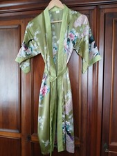 Vintage 100% Silk Robe Dressing Gown Green Chinese Style  Made in Vietnam Small