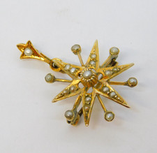 Edwardian 9ct Yellow Gold, Seed Pearl Starburst Lavalier Pendant Antique c1910