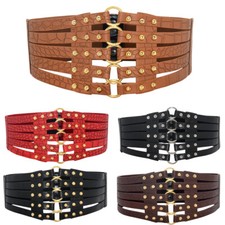 Women Waist Cincher Wide Band Elastic Punk Rivet Waspie Corset Faux Leather Belt