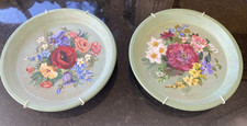 Pair of Vintage Ceramic Wall Plates Handpainted Green Floral JM Lucy Design 9"D