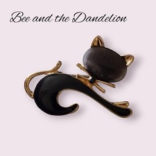 Black And Gold Tone Enamel Cat Kitten Lapel Brooch ~Art Deco Style