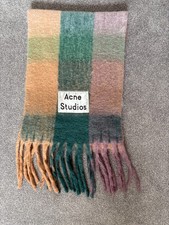 Acne Studios Oversized Wool Blanket Scarf 86"x16" Fringe Logo Blue Pink Beige
