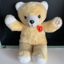 Vintage Yellow Teddy Bear White Paws Heart Soft Plush Toy 11" with recording box
