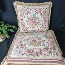 Pair Tapestry Floral Tasselled Cushions 40cm X 40cm Deep Filled Feather
