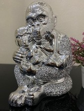 Crushed Diamond Silver Gorilla and Baby Statue Sculpture
