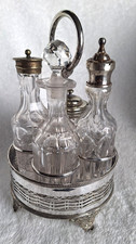 ANTIQUE SILVER PLATED & CUT CRYSTAL CRUET SET COMPLETE ON A PIERCED BASE c1900