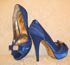 BNWB SIZE 3 - 7 ELECTRIC BLUE SATIN DIAMANTE WEDDING BRIDAL PEEP COURT SHOES