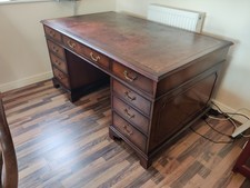 PEDESTAL DESK, BROWN LEATHER TOP ,  VENEERED. GOLD TOOLING. LARGE 5ft x 3ft.