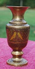 Brass vase or urn, engraved or etched and coloured with birds 6 inches high