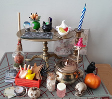 Vintage Miniature Table Spooky Halloween Dolls House Goth Brass Candle Reflector